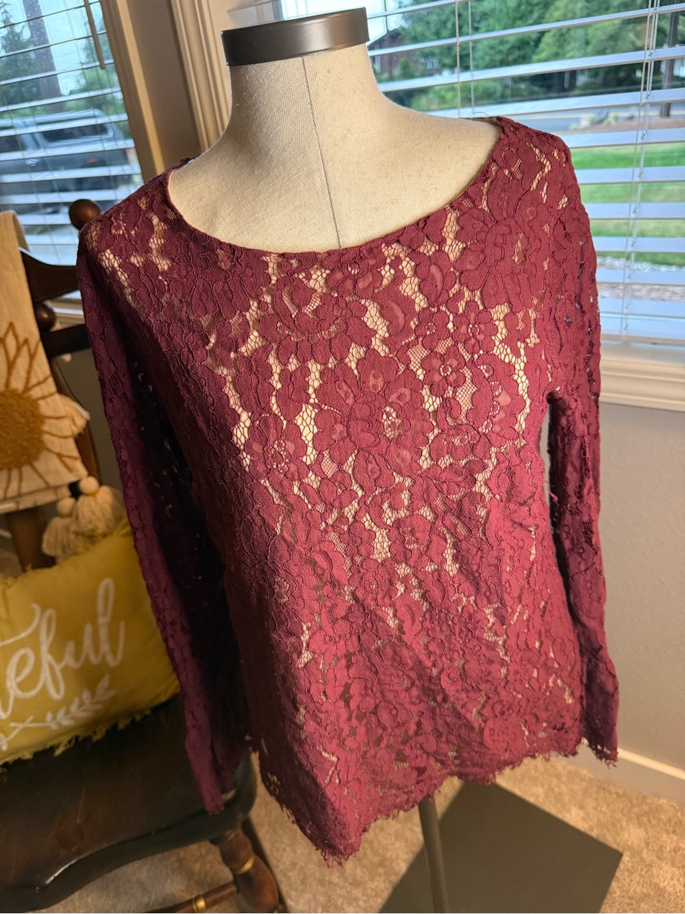 Rose & Olive Burgundy Floral Lace Long-Sleeve Top